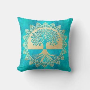 Gold Tree Of Life on Turquoise Cushion