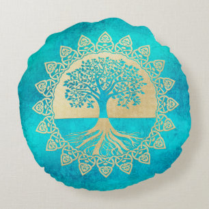 Gold Tree Of Life on Turquoise Round Cushion