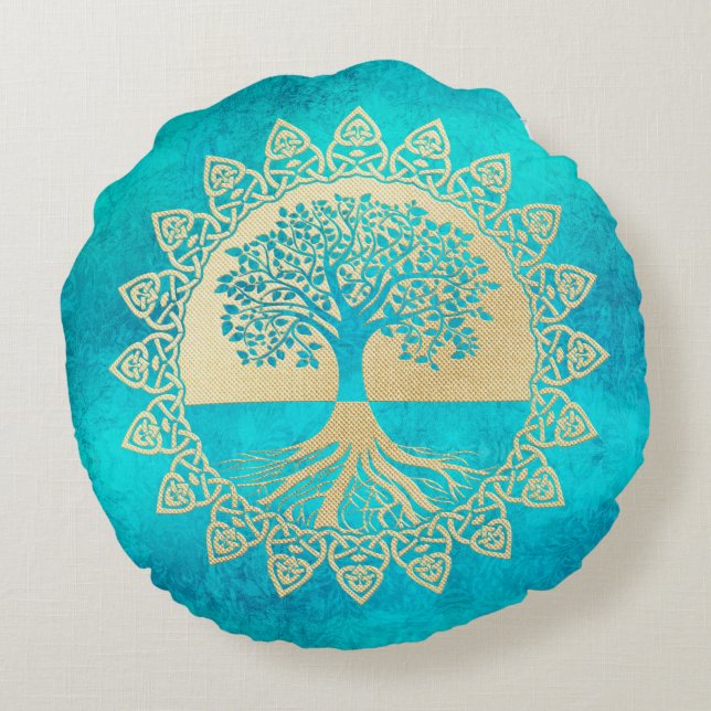 Gold Tree Of Life on Turquoise Round Cushion (Back)