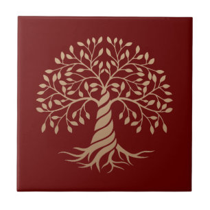Gold Tree of Life Red Background Graphic Art Tile