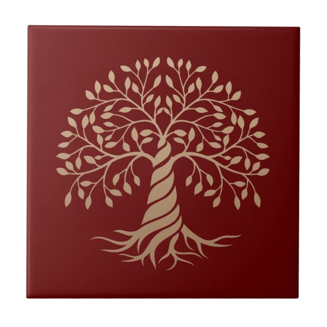 Gold Tree of Life Red Background Graphic Art Tile (Front)