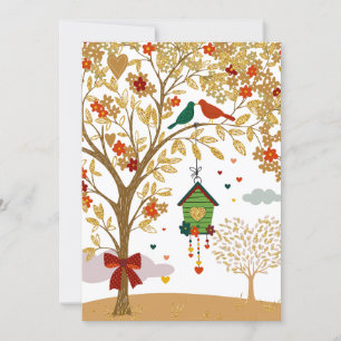Gold Tree of Love Bird Couple Kissing Holiday Card