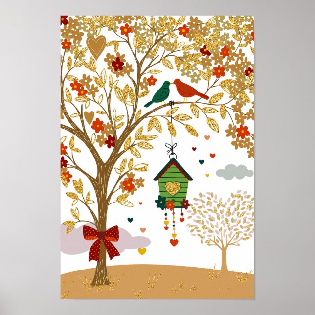 Gold Tree of Love Bird Couple Kissing  Poster (Front)