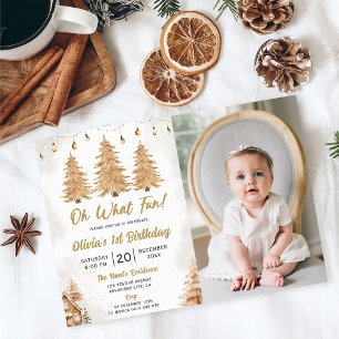 Gold Tree Oh What Fun Christmas Birthday Photo Invitation