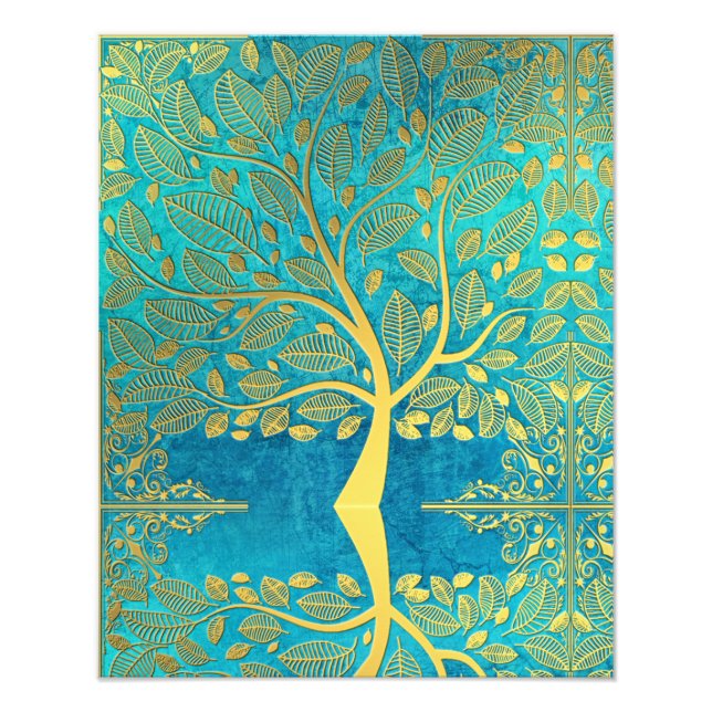 Gold tree reflection on Blue Peacock  Photo Print (Front)