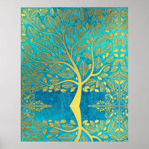 Gold tree reflection on Blue Peacock Poster