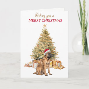 Gold Tree Santa Hat Mastiff Dog Christmas Card