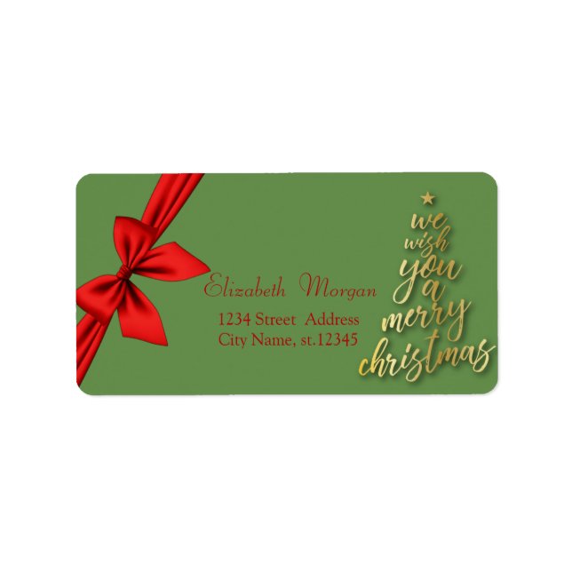 Gold Tree We Wish You A Merry Christmas,Red Bow Label (Front)