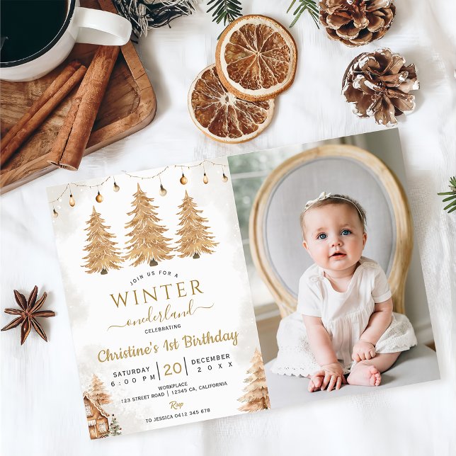 Gold Tree Winter Onederland Christmas Birthday  Invitation (Creator Uploaded)
