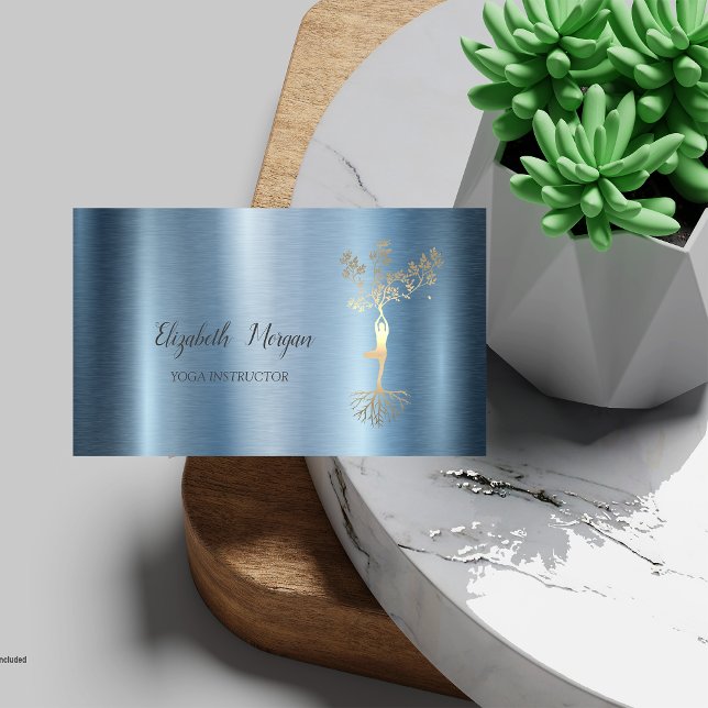 Gold Tree Women Silhouette Blue Metallic Business Card (Creator Uploaded)