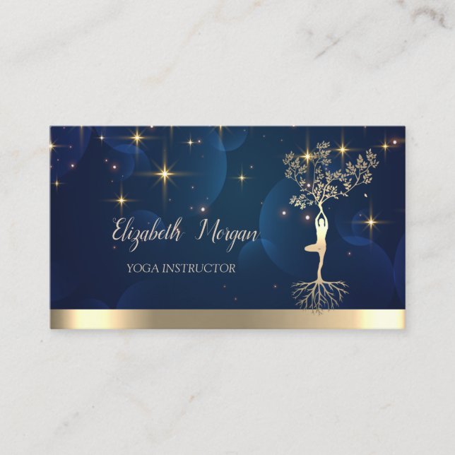 Gold Tree Women Silhouette,Stars, Yoga Instructor Business Card (Front)