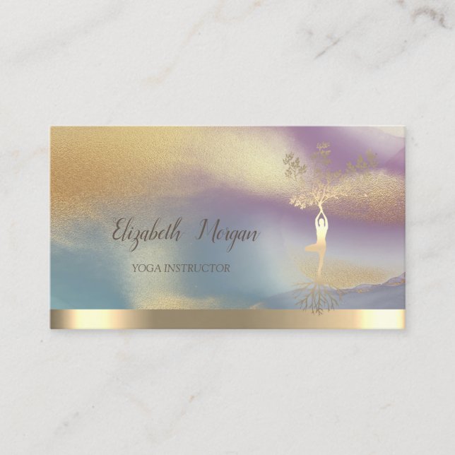 Gold Tree Women Silhouette Yoga Colourful Business Card (Front)