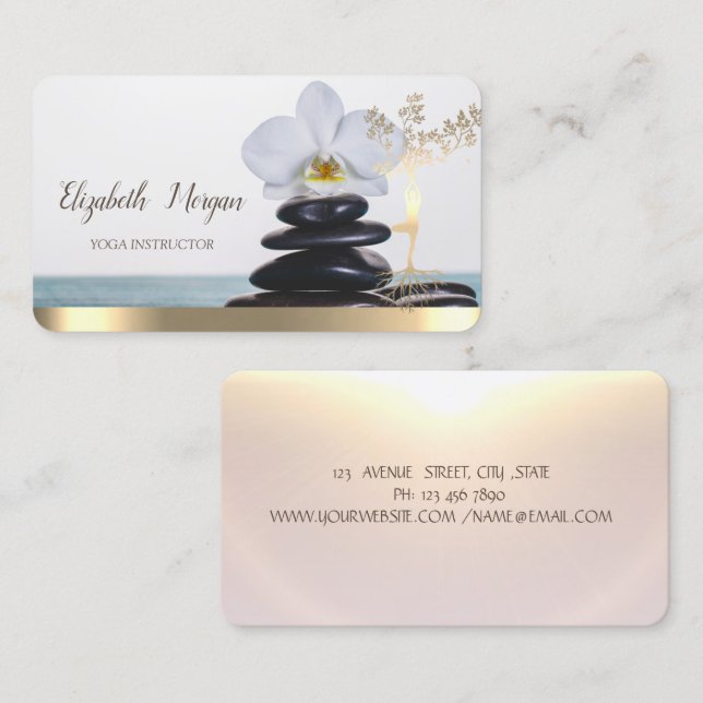 Gold Tree Women Silhouette,Zen Stones,White Orchid Business Card (Front/Back)
