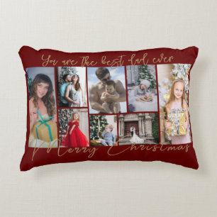 Gold Trendy Family Merry Christmas Photo Collage Decorative Cushion