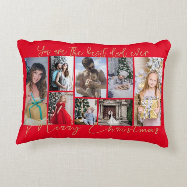 Gold Trendy Family Merry Christmas Photo Collage Decorative Cushion (Back)