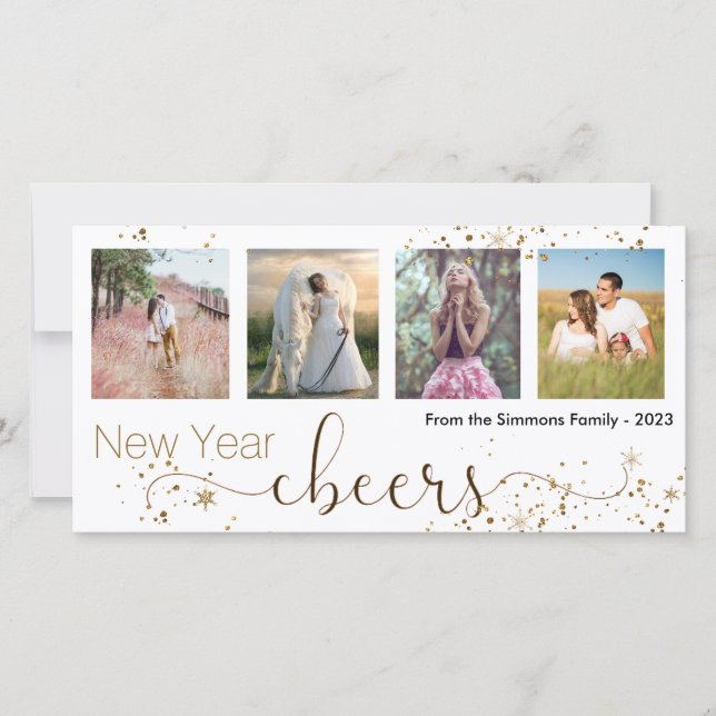 Gold Trendy New Year Cheers Photo Collage Holiday Card (Front)