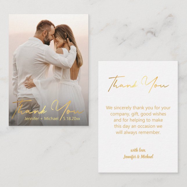 gold trendy script wedding  photo  thank you    card (Front/Back)