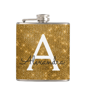 Gold Trendy Sparkle Monogram Initial Hip Flask