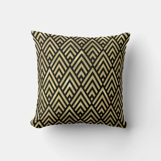 Gold Triangles Black Art Deco Geometry Diamons Cushion (Front)