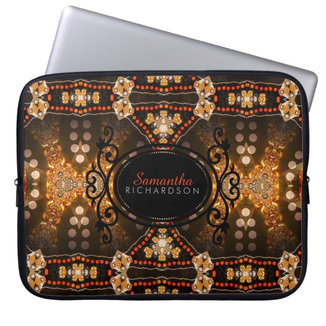 Gold Tribal Batik Custom Name Laptop Sleeve (Front)