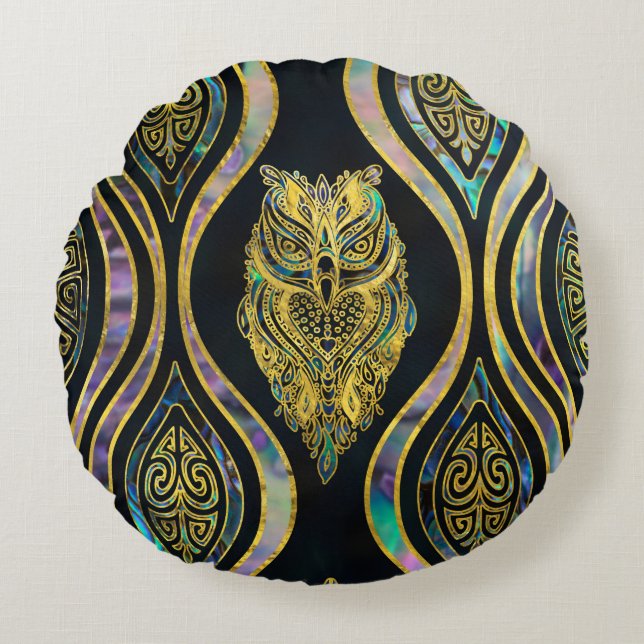 Gold Tribal Owl on Boho Abalone Pattern Round Cushion (Front)