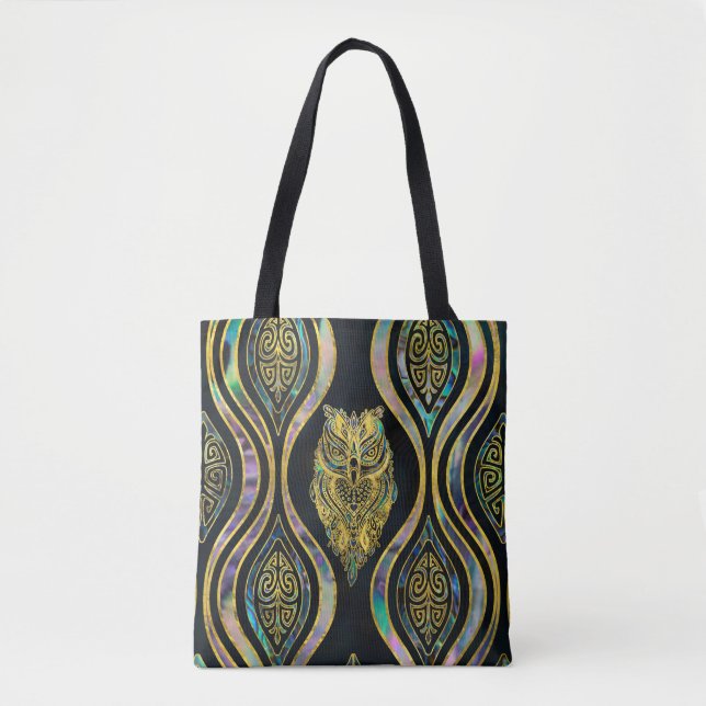 Gold Tribal Owl on Boho Abalone Pattern Tote Bag (Front)