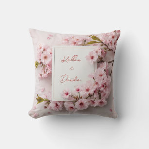 Gold Trim Pink Cherry Blossom Marble Square Frame Cushion