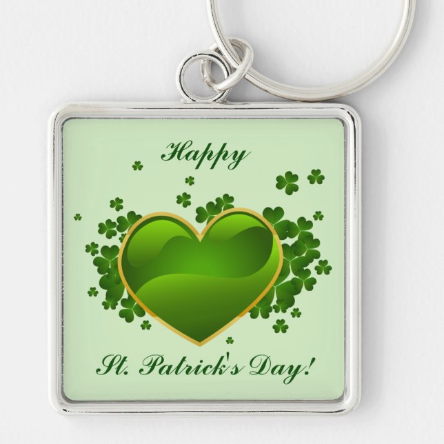 Gold-Trimmed Green Heart with Shamrocks Key Ring (Front)
