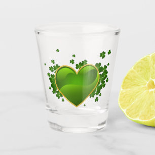 Gold-Trimmed Green Heart with Shamrocks Shot Glass