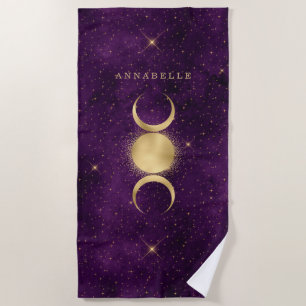 Gold Triple Moon Purple Celestial Personalised Beach Towel