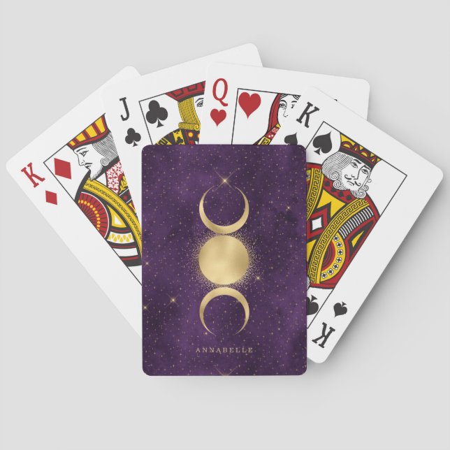 Gold Triple Moon Purple Starry Sky Personalised Playing Cards (Back)