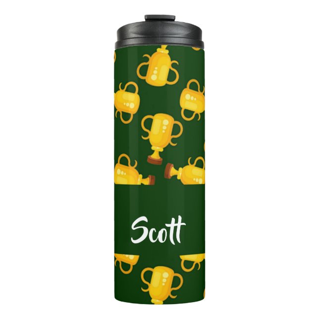 Gold trophy green pattern thermal tumbler (Front)