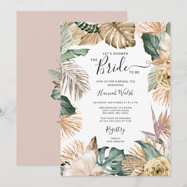 Gold Tropical Blush Pink Bridal Tea Invitation (Front/Back)