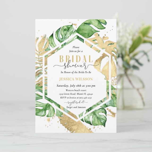 Gold Tropical Bridal Shower Invitation (Standing Front)