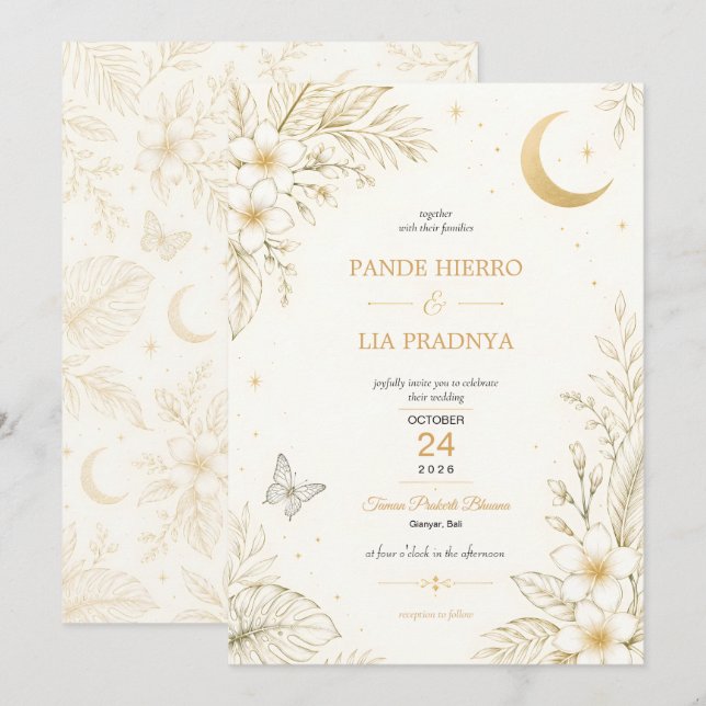 Gold Tropical Floral Wedding Invitation (Front/Back)