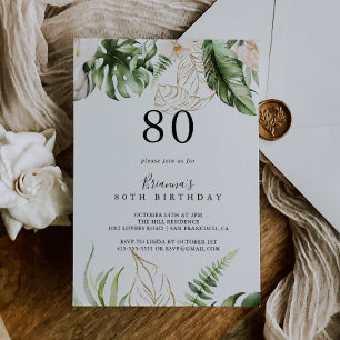 Gold Tropical Foliage Floral 80th Birthday Party Invitation