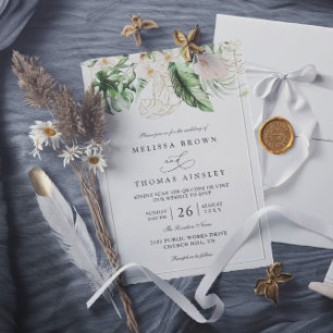 Gold Tropical Foliage Floral Chic QR Code Wedding Invitation