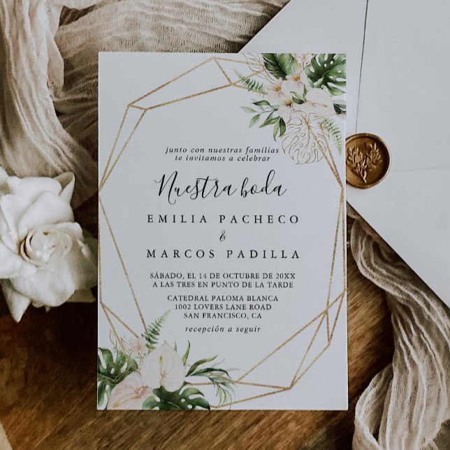 Gold Tropical Foliage Floral Nuestra Boda Wedding  Invitation (Creator Uploaded)