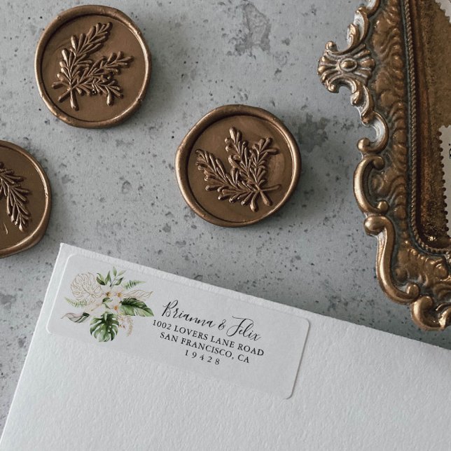 Gold Tropical Foliage Floral Return Address  (Creator Uploaded)