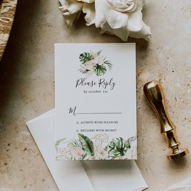 Gold Tropical Foliage Floral RSVP Card (Creator Uploaded)