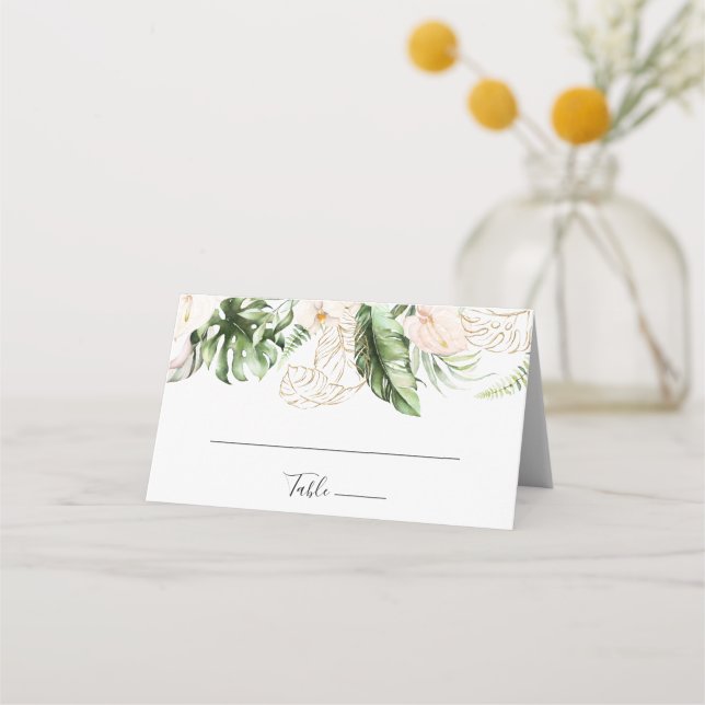 Gold Tropical Foliage Floral Wedding Place Card (Front)