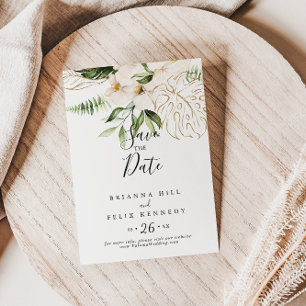 Gold Tropical Foliage Floral Wedding Save The Date