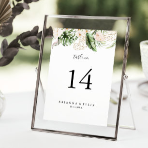 Gold Tropical Foliage Floral Wedding  Table Number