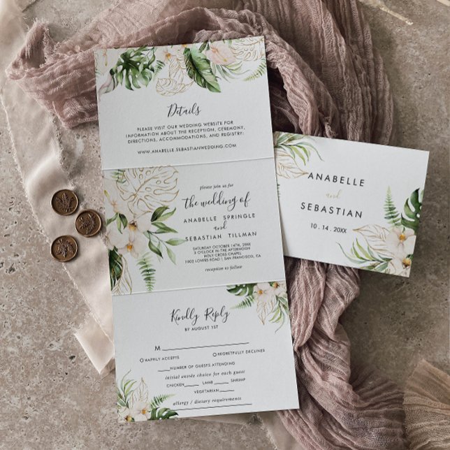 Gold Tropical Foliage Floral Wedding Tri-Fold Invitation (Creator Uploaded)