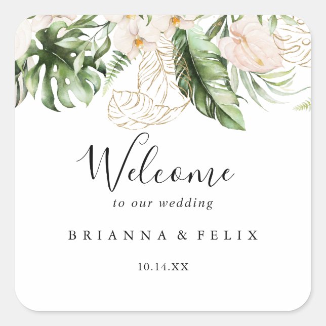 Gold Tropical Foliage Floral Wedding Welcome  Square Sticker (Front)