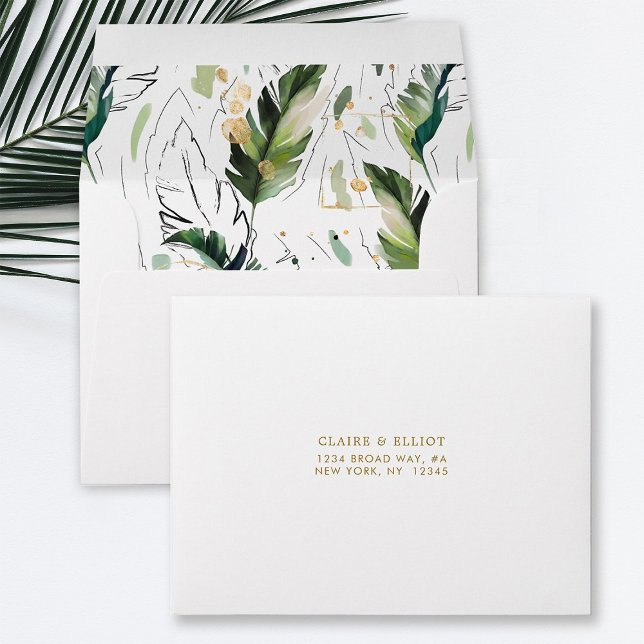 Gold Tropical Foliage Pre-Printed Address RSVP Envelope (Front & Inside)