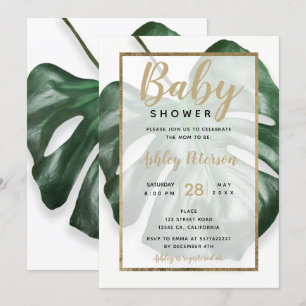 Gold tropical green monstera leaf baby shower invitation