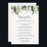 Gold Tropical Green Wedding Kissing Menu Game Card<br><div class="desc">This gold tropical green wedding kissing menu game card is perfect for a modern wedding reception. The design features hand-painted watercolor gold and green palm and banana leaves with pink flowers neatly arranged into beautiful bouquets.</div>