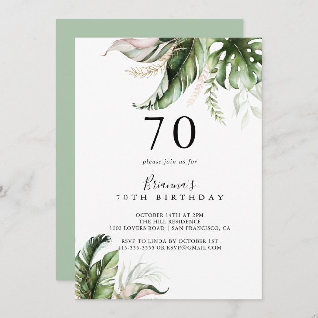 Gold Tropical Greenery 70th Birthday Party Invitation (Front/Back)