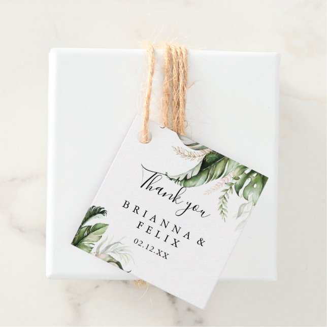 Gold Tropical Greenery Wedding Favour Tags (In Situ)